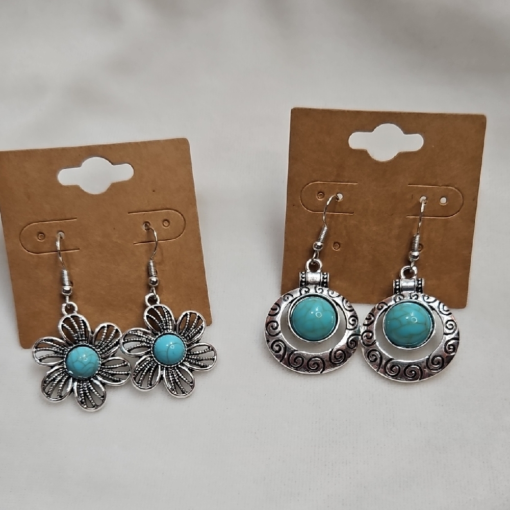 Lot of 2 Pairs Turquoise Blue Silver Southwestern Pierced Earrings Dangle Boho